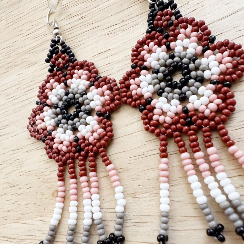 NEW Hand-Beaded Flower Earrings Mini Beads Maroon Pink Black White Southwestern - Picture 5 of 6